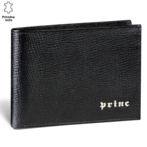 Crni kožni novčanik sa teksturom i natpisom Princ Leather.