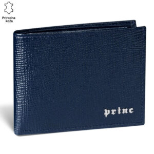 Tamnoplavi muški novčanik od prirodne kože sa metalik logotipom Princ Leather u donjem desnom uglu.