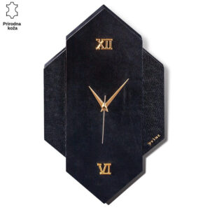 Zidni sat od crne prirodne kože sa rimskim brojevima i zlatnim kazaljkama