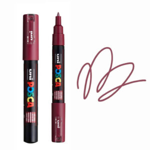 UNI POSCA MARKER PC-1M 6 Crveni Posca marker sa čepom pored uživo prikazanog crteža u crvenoj boji.