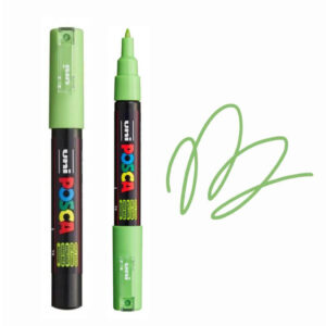 UNI POSCA MARKER PC-1M 7 Zeleni Posca marker sa otvorenim poklopcem i ispisom u istoj boji pored njega.
