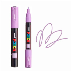 UNI POSCA MARKER PC-1M 9 Ljubičasti Posca marker sa uklonjenim poklopcem i nacrtanom ljubičastom linijom pored.