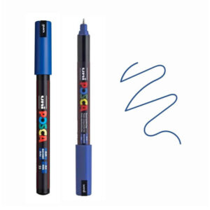 Plavi Uni Posca marker sa poklopcem pored otvorenog markera koji ispisuje plavu liniju.