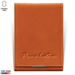 Narandžasti novčanik od prirodne kože sa ugraviranim logom Princ Leather u donjem delu.
