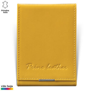 Žuti kožni novčanik sa ugraviranim nazivom brenda "Princ Leather".