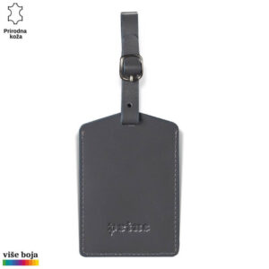 Kožni privesak za prtljag u sivoj boji sa rečju "Princ" utisnutom na prednjoj strani. Brend Princ Leather.