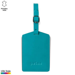 Plava kožna oznaka prtljaga sa brendom Princ Leather i metalnom kopčom.