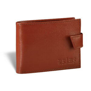 Smeđi kožni novčanik sa logotipom Princ Leather urezanim u donjem desnom uglu.