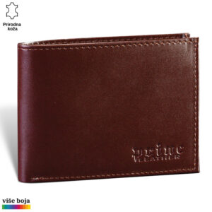 Braon kožni novčanik Princ Leather sa umetnutim logotipom brenda i oznakom za prirodnu kožu.