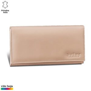 Bež kožna torba brenda Princ Leather sa logom na prednjoj strani.