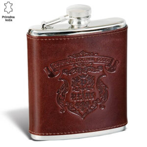 PLJOSKA 2 Srebrna pljoska presvučena tamnosmeđom kožom sa utisnutim ukrasnim reljefom i logom Princ Leather.