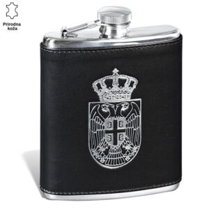 Kožna pljoska sa grbom Srbije od nerđajućeg čelika brenda Princ Leather.