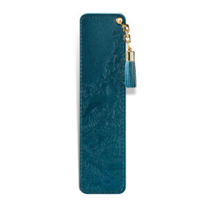 Kožni plavi obeleživač za knjige sa ugraviranim šarama i zlatnim lančićem i resicom