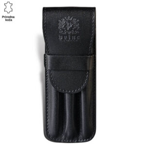 Crna futrola od kože sa utisnutim logom Princ Leather na prednjoj strani.
