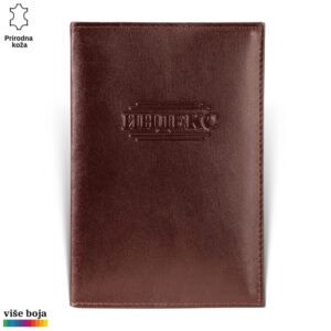 Smeđa kožna futrola sa utisnutim rečju "indeks"