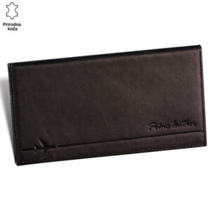 Crni kožni novčanik sa reljefnim logom Princ Leather i motivom aviona u donjem levom uglu.