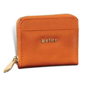 Narandžasti kožni novčanik sa brendom Princ Leather i zlatnim patentnim zatvaračem.