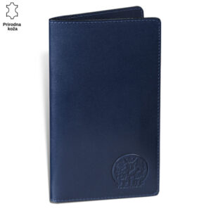 Tamno plavi kožni novčanik brenda Princ Leather sa utisnutim logom.
