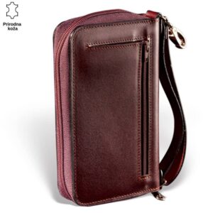 Smeđa kožna torbica sa ručkom i patent zatvaračem