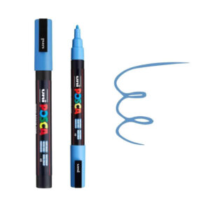 UNI POSCA MARKER PC-3M 18 Plava Posca markica sa poklopcem. Crtež plave krivulje pored markera.