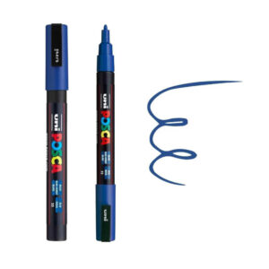 UNI POSCA MARKER PC-3M 19 Plavi Posca marker sa poklopcem koji je uklonjen i linijom ispisanom na papiru.