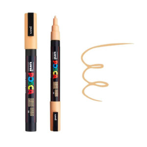 UNI POSCA MARKER PC-3M 25 Crni Posca marker sa breskvastom bojom vrha i uzorcem linije u istoj boji.