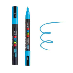 UNI POSCA MARKER PC-3M 26 Plavi marker brenda Posca sa otvorenim poklopcem i nacrtanom linijom.