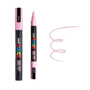 UNI POSCA MARKER PC-3M 27 Ružičasti Posca marker sa crnim telom i uzorcima linija nacrtanih ružičastim mastilom.