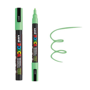 UNI POSCA MARKER PC-3M 28 Zeleni marker Posca sa poklopcem i prikaz zelene linije nacrtane markerom.