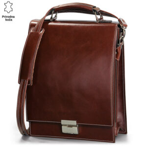 Smeđa kožna torba marke Princ Leather sa ručkom i preklopnim poklopcem.