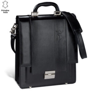 Crna kožna tašna sa prepoznatljivim dizajnom brenda Princ Leather