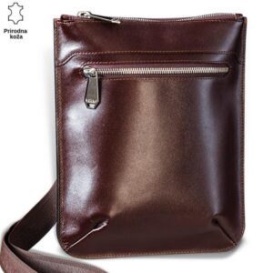 Braon kožna torba brenda Princ Leather sa rajsferšlusom i podesivim kaišem.