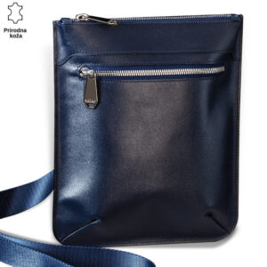 Tamnoplava kožna torbica Princ Leather sa srebrnim rajsferšlusom i logom brenda