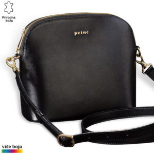 ŽENSKA KOŽNA TORBICA OVALNA 13 Crna kožna torba sa zlatnim detaljima i dugim kaišem