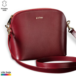 ŽENSKA KOŽNA TORBICA OVALNA 11 Crvena kožna torba Princ Leather sa zlatnim detaljima i prilagodljivim kaišem.