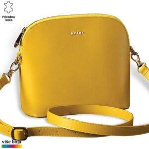 ŽENSKA KOŽNA TORBICA OVALNA 9 Žuta kožna torba brenda Princ Leather sa kaišem i zlatnim detaljima.