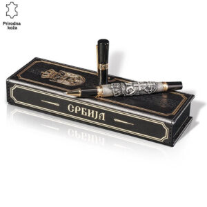 OLOVKA SA GRBOM SRBIJE 2 Kutija i hemijska olovka u crnoj i zlatnoj boji sa motivima Srbije