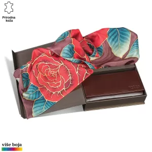 DVODELNI ŽENSKI SET LUX EŠARPA I NOVČANIK 14 Šareni svileni šal sa motivom crvenih i plavih ruža pored elegantnog kožnog novčanika brenda Princ Leather.