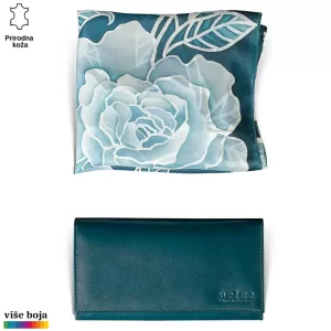 DVODELNI ŽENSKI SET LUX EŠARPA I NOVČANIK 4 Šal sa cvetnim uzorkom u kombinaciji sa teget novčanikom od prirodne kože brenda Princ Leather.