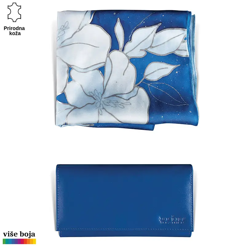 871-12-copy Plavi šal sa cvetnim motivom i plava kožna torbica brenda Princ Leather.