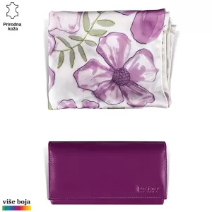 DVODELNI ŽENSKI SET LUX EŠARPA I NOVČANIK 2 Šal sa cvetnim uzorkom u ljubičastim nijansama i ljubičasta kožna torbica