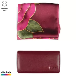 DVODELNI ŽENSKI SET LUX EŠARPA I NOVČANIK 13 Svilenkasta marama sa floralnim motivom i tamnocrvani kožni novčanik brenda Princ Leather.