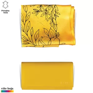 DVODELNI ŽENSKI SET LUX EŠARPA I NOVČANIK 11 Žuti kožni novčanik i svilenkasta marama sa crnim floralnim motivima brenda Princ Leather.