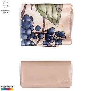 DVODELNI ŽENSKI SET LUX EŠARPA I NOVČANIK 12 Zavijena svilena marama sa motivom grožđa i kožni novčanik u bež boji