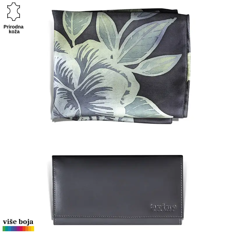 871-8-copy Ženski crni novčanik od Princ Leather-a sa otiskom logoa. Pored novčanika je šal sa floralnim motivom u sivim tonovima.