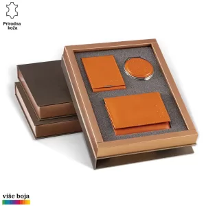 TRODELNI KOŽNI ŽENSKI SET 15 Kožni set u poklon pakovanju sa dva novčanika i džepnim ogledalom