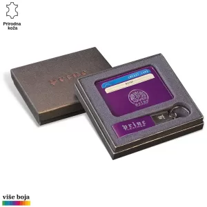 KOŽNI DVODELNI SET FUTROLA ZA KARTICE I PRIVEZAK 15 Elegantni set ljubičastog novčanika i priveska od prirodne kože u kutiji