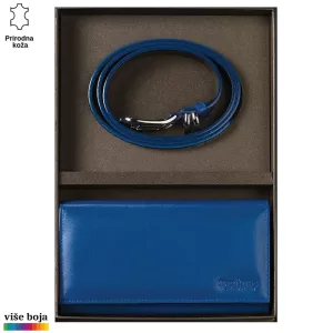 DVODELNI KOŽNI ŽENSKI SET NOVČANIK I KAIŠ 5 Plavi kožni kaiš i novčanik od Princ Leather u elegantnoj poklon kutiji.