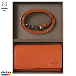 DVODELNI KOŽNI ŽENSKI SET NOVČANIK I KAIŠ 3 Kožni set Princ Leather koji sadrži narandžasti kaiš sa metalnom kopčom i novčanik