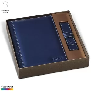 Luksuzni plavi kožni set dnevnika i futrole za olovku